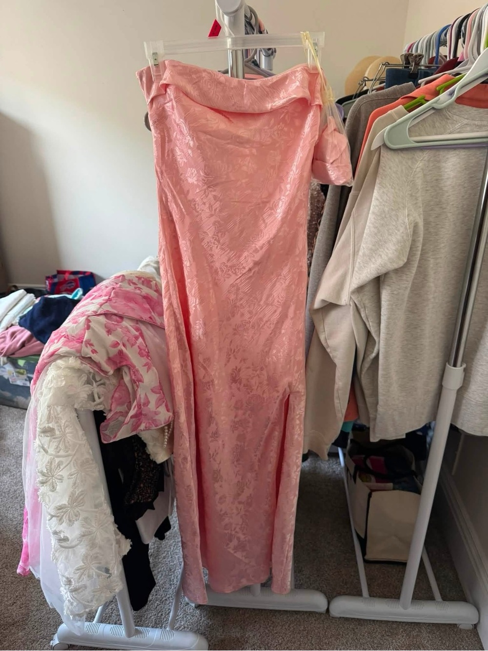 Strapless Pink Satin Jacquard Maxi Dress with Matching Scarf